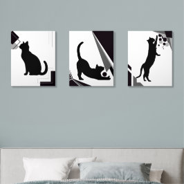 Gato Geométrico Triptych - Arte de Parede Preta e 