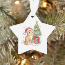 Gato Ginger Fofo Chapéu de Papai Noel Enfeite de N