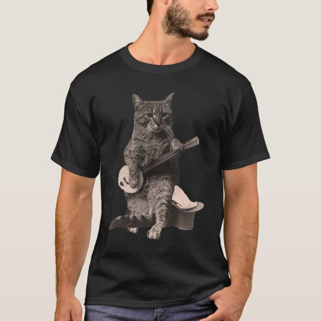 Gato Jogando Banjo Guitarra, Camiseta De Folha Cur (Frente)