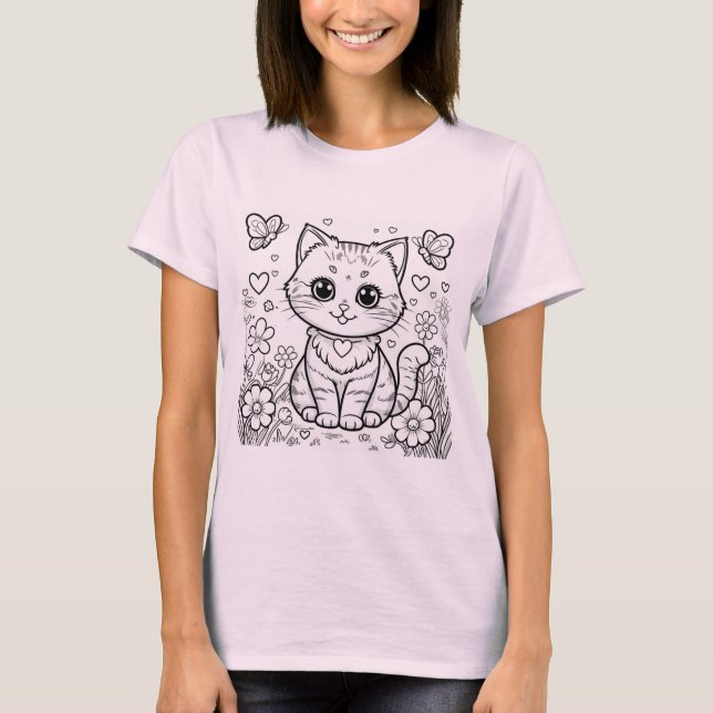 Gato Kawaii Adorável - Design T-Shirt Gatinho (Frente)