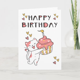 Gato Kawaii bonito com cartão de aniversário de cu