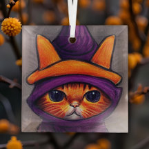Gato Laranja com Chapéu de Bruxa Roxo
