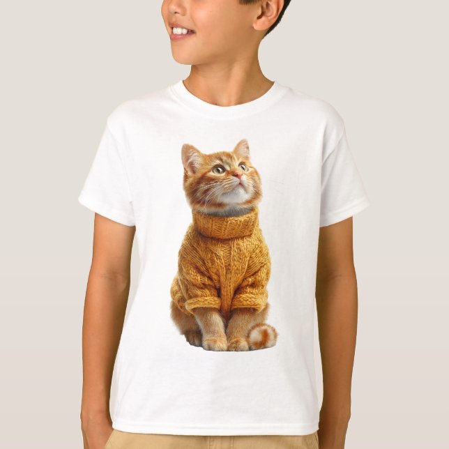 Gato Laranja Tabby em Suéter de Tricô Infantil (Frente)