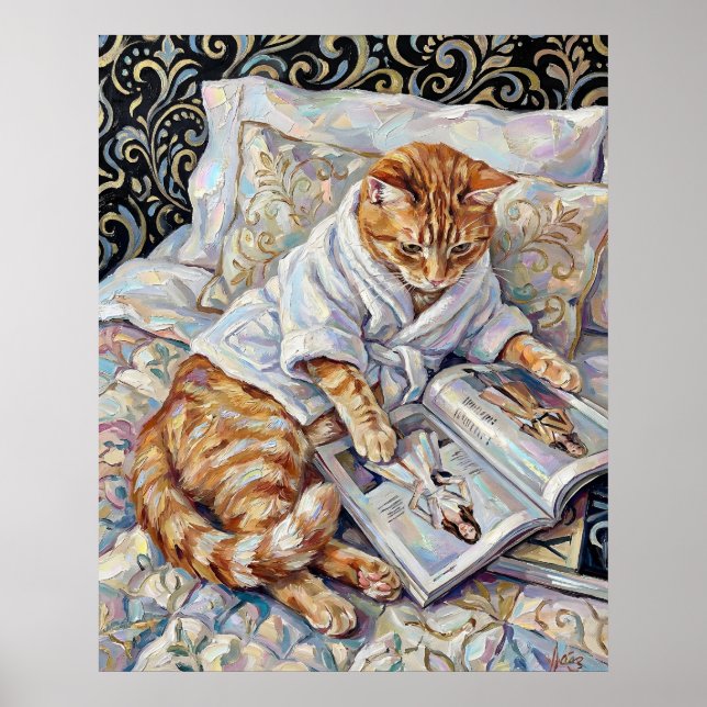 Gato Lendo na Cama Arte de Parede Impressão de Pos (Frente)