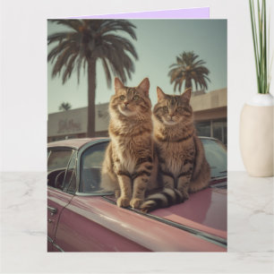 Gato listrado & carro clássico cor-de-rosa cartão