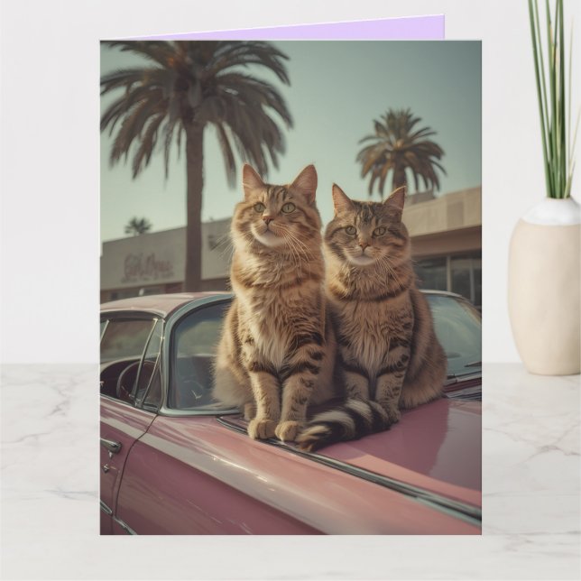 Gato listrado & carro clássico cor-de-rosa cartão  (Frente)