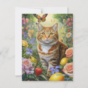 Gato listrado com cartão postal de flores