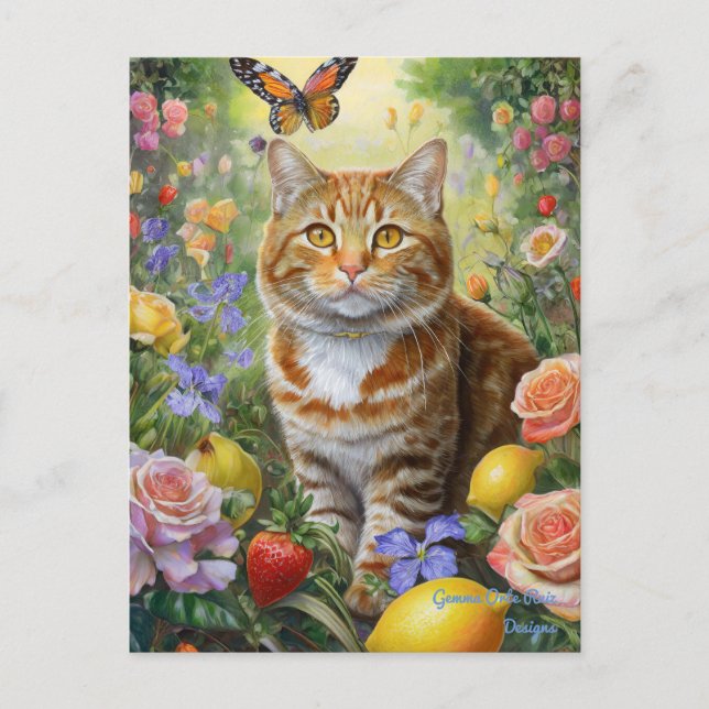 Gato listrado com cartão postal de flores (Frente)
