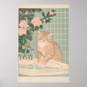 Gato Listrado Impressão Banheiro Ukiyo-e Arte de P
