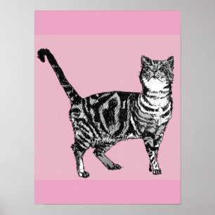 Gato Malhado Listrado Rosa Fofo Arte de Poster de 