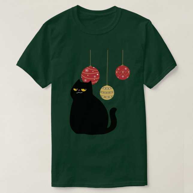 Gato Negro com camiseta Enfeites de natal (Frente do Design)