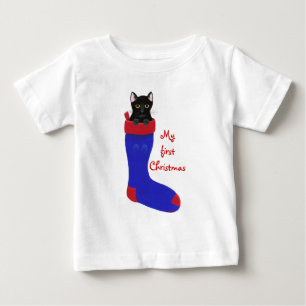 Gato Negro em Camisa de Natal Azul