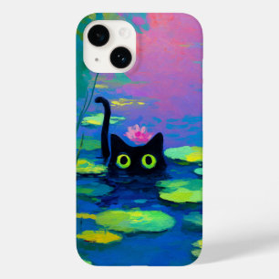Gato Negro Engraçado Nadando Pond Quirky Art