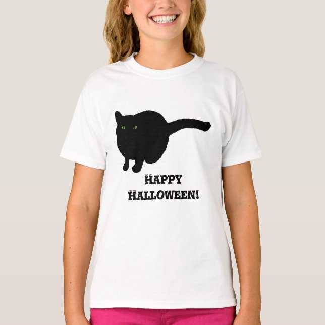 Gato Negro Feliz de Halloween com Camisas de Olhos (Frente)