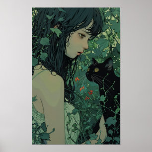 Gato Negro Japonês - Poster do Estilo Hayao de Miy