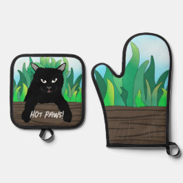Gato negro na cerca Forno Mitt e Conjunto de Potes