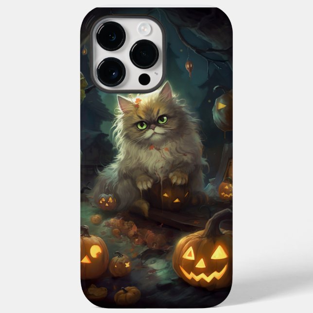 Gato Persa de Halloween com Abóboras Assustadoras (Verso)