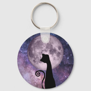 Gato Preto à Lua em Chaveiro rosa e roxo