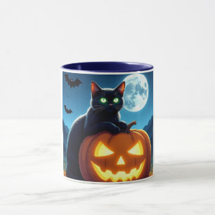 Gato Preto Assustador na Caneca de Abóbora