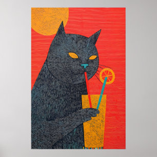 Gato Preto Bebendo Suco Arte Impressão Giclée Quir