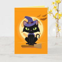 Gato Preto Bonito no Cartão de Vassoura-de-Hallowe