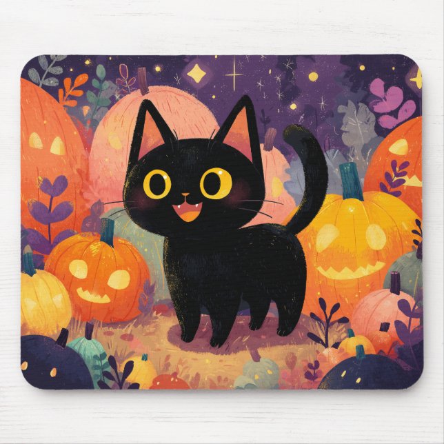 Gato Preto Cinto com Jack-o-Lanternas - Mousepad (Frente)