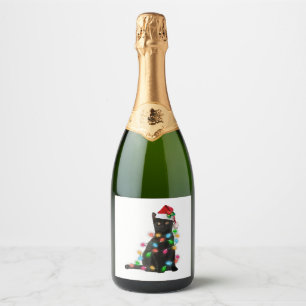 Gato Preto Com Luzes De Natal Chapéu De Papai Noel