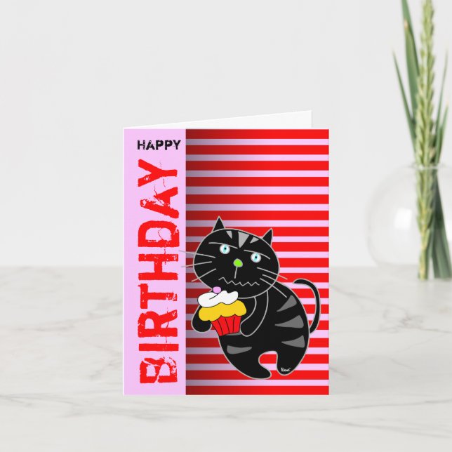 Gato Preto Cupcake de Cartão de Aniversário (Frente)