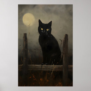 Gato Preto da Noite Impressão Vintage, Gato da Lua