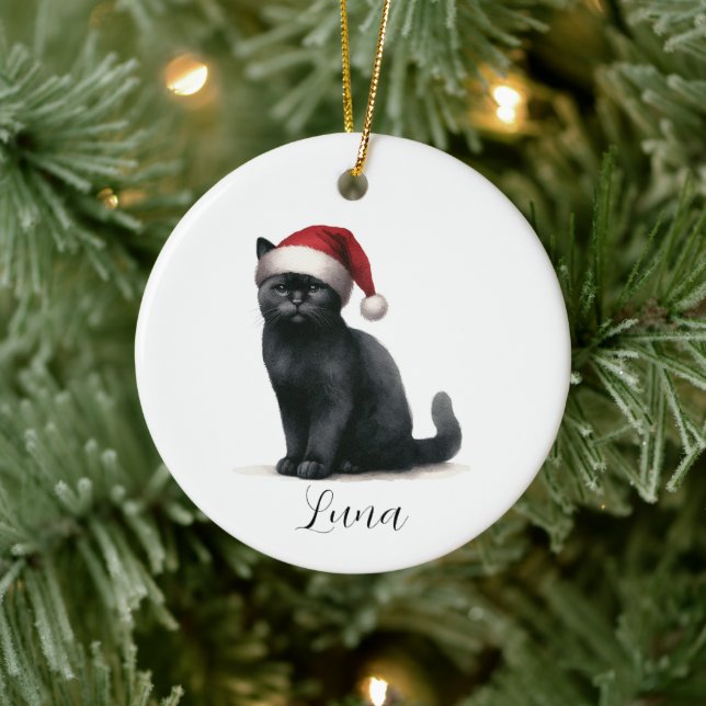 Gato Preto de Aquarela com Ornamento Festivo Santa (Árvore)