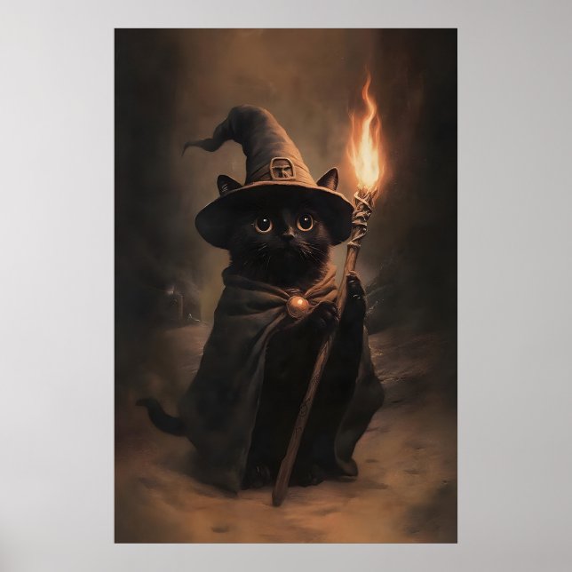 Gato Preto de Halloween Feitiçaria Impressão Vinta (Frente)
