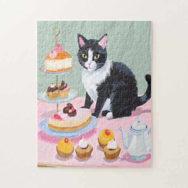 Gato Preto e Branco, Chá e Bolos Quebra-Cabeça (Vertical)