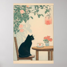 Gato Preto e Impressão de Café Ukiyo-e Arte Japand