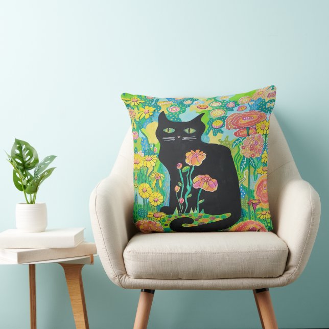 Gato Preto em Almofada de Lançamento de Flores Dec (Cadeira)