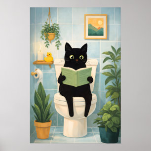 Gato Preto Engraçado Lendo no Banheiro Impressão