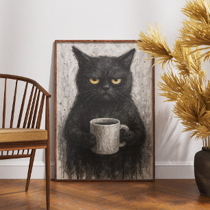 Gato Preto Grumado Com Poster De Arte De Café