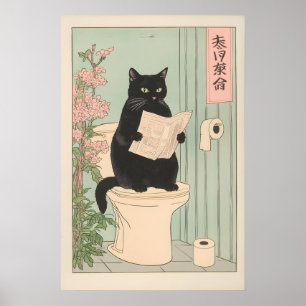 Gato Preto Japonês na Impressão do Banheiro Engraç