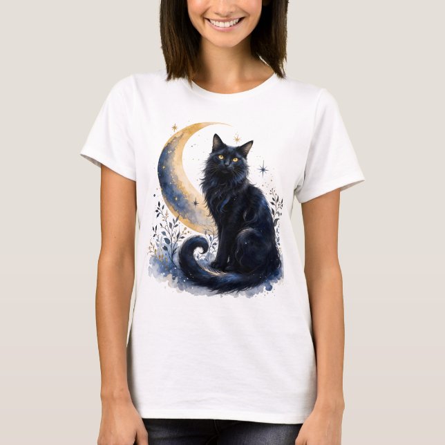 Gato Preto Mágico Sob a Lua PNG | Camiseta Boho Gó (Frente)