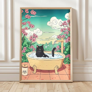 Gato Preto na Banheira, Impressão de Arte Japonesa