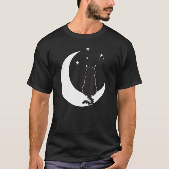 Gato Preto na Lua Crescente sob a Camisa da Luz Es (Frente)