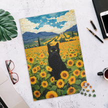 Gato Preto no Campo de Girassóis Quebra-Cabeça