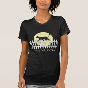 Gato Preto Spooky em T-Shirt com Cerca de Picket