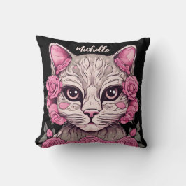 Gato Rosa com Almofada Floral de Decoração de Casa