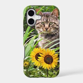 Gato Sentado no Jardim com Girassóis