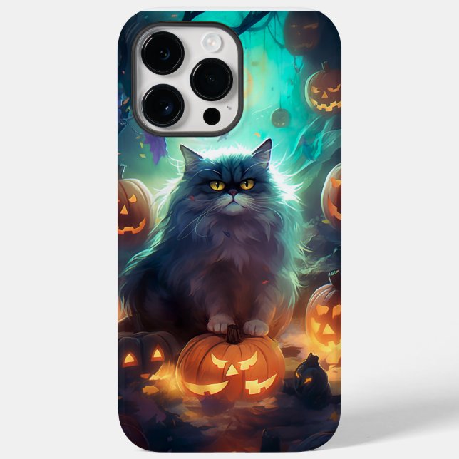 Gato Siberiano de Halloween com Abóboras Assustado (Verso)