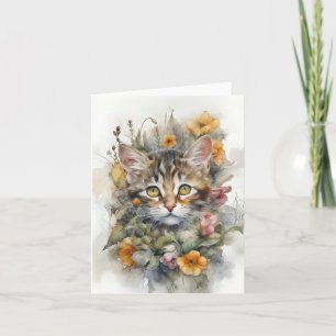 Gato Tabby Cinza com Flores Cartão de Boas Vindas 