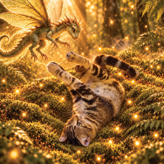 Gato Tabby Fantasia & Dragão Almofada Floresta Enc