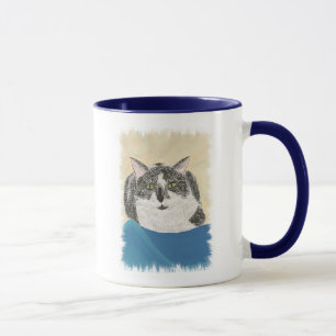 Gato Tuxedo em pintura de cobertor azul, canecas