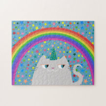 Gato Unicórnio Quebra-Cabeça Arco-Íris Estrelas Pr
