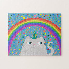 Gato Unicórnio Quebra-Cabeça Arco-Íris Estrelas Pr